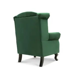 Velvet Wing Back Fireside Henley Chair Armchair with Buttons Emerald Green