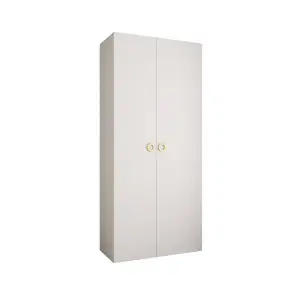 Stylish White Como I Hinged Door Wardrobe H2460mm W1100mm D500mm, Eight Shelves, Hanging Rail, Gold Handles