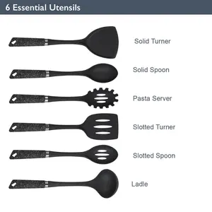 6-Piece Kitchen Utensils Set / Non-Scratch & Heat Resistant / BPA Free Plastic / Modern & Vibrant Stylish Black Marble Colour / Space Saving Kitchen Storage Black