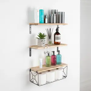 Floating Shelf Wall Mounted 3 Wood Shelves With Metal Basket