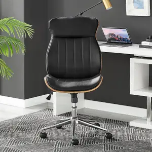 Furniturebox Parker Black Faux Leather Moulded Wooden Back Mid Century Computer Desk Office Gaming Wheeled Adjustable Swivel Chair