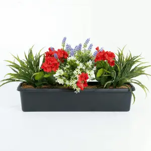 Blooming Artificial - 60cm / 2ft Red Artificial Mixed Flower Window Box