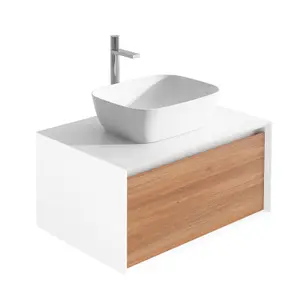 Declan White & Oak Wall Mounted Vanity Unit with White Countertop Set (W)600mm (H)400mm