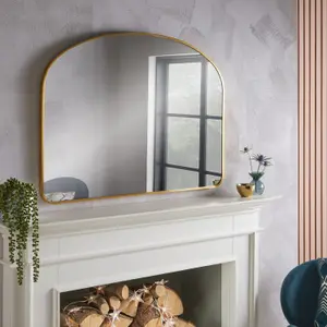 Overmantle Mirror Liberty Arched Shape with Brushed Gold Metal Frame- H 71cm x W 93cm x D 3cm for Hanging Above the Fireplace