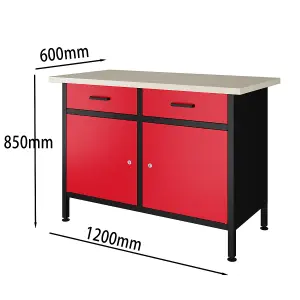 POLLOR 120L x 60W x 85H cm Steel Workbench Storage Cabinet Tool Drawers Garage Workshop Workstation Red & Black