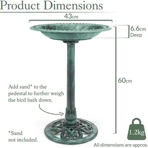 Garden Bird Bath Ornate Resin Birdbath With Rustic Metal Effect H60cm Green Christow