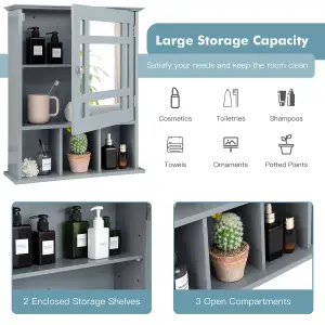 Costway Bathroom Wall Storage Cabinet Wooden Hanging Medicine Organizer W/ Mirror Grey