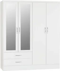 Seconique Nevada 4 Door 2 Drawer Wardrobe, Mirrored, Modern, Nevada White