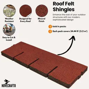 Bitumen Roof Felt Shingles, 20 pcs/34.44 ft² (3.2 sqm), Asphalt Roof Shingles - Weather Resistant Roofing Tiles - Red