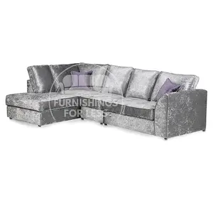 Crystal Crushed Velvet Fabric 5 Seater L Shaped Corner Sofa  Silver Left Hand Facing - Full Back