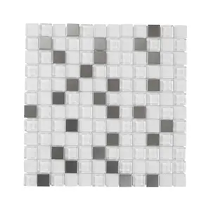 Prate Grey & white Frosted Gloss Glass & stainless steel Mosaic tile, (L)320mm (W)32mm