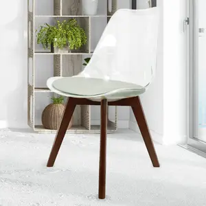 Soho Clear and Light Grey Plastic Dining Chair with Squared Dark Wood Legs