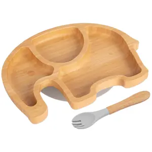 Bamboo Elephant Baby Weaning Plate & Fork Set - Grey