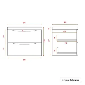 SunDaze 600mm Gloss Grey 2 Drawer Wall Hung Bathroom Cabinet Vanity Unit