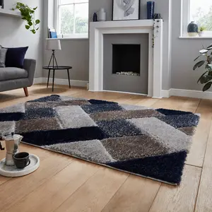 Grey Navy Shaggy Geometric Modern Rug for Living Room Bedroom and Dining Room-120cm X 170cm