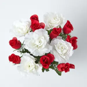 Homescapes Set of 2 Red & White Roses & Lilies Artificial Flowers in Grave Vases