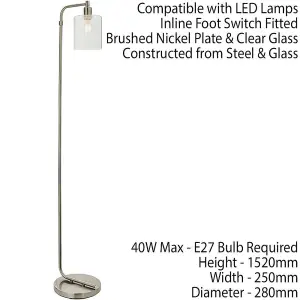 1.5m Curved Floor Lamp Brushed Nickel & Glass Shade Free Standing Living Room