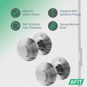 AFIT Beehive Key Lock Door Knob Set Satin Chrome - 1 Pair of Reeded Mortice Knobs (55mm), Sash Lock (80mm) & Hinges (76mm)