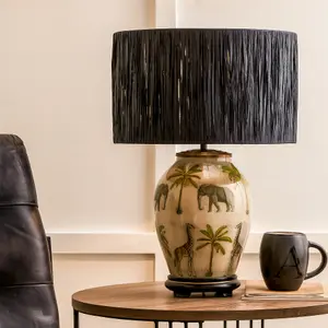 30cm Black Raffia Cylinder Lampshade Boho Palm Tree Drum Table Lamp Shade