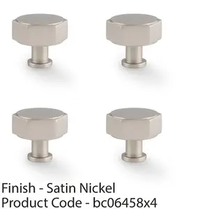 4 PACK - Industrial Hex Cabinet Door Knob - 40mm Satin Nickel Cupboard Pull Handle