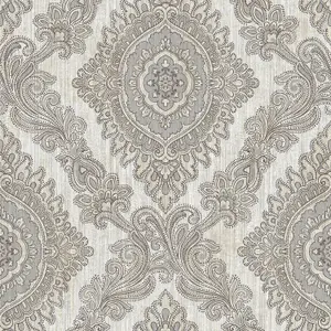 Wallquest Villa Rosa Damask Silver Wallpaper Floral Classic Acrylic Coated