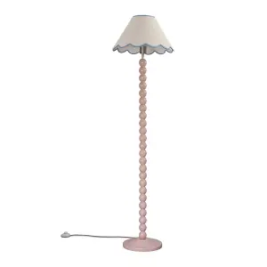 ValueLights Bobbles Rose Pink Bobbin Floor Lamp with Blue Trim Scallop Shade