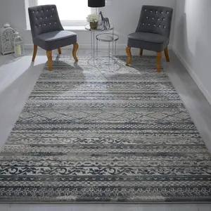 Modern Striped Easy to Clean Grey Contemporary Rug for Dining Room-200cm X 285cm