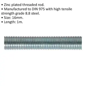 5 Pack M16 x 1mm Threaded Rods - Grade 8.8 Zinc Plated - DIN 975 Certified