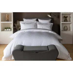 Plain Dye 540 TC Egyptian-Quality Cotton Satin Striped Duvet Cover Set with Pillowcases White / Single Duvet Cover + 1 Standard Pillowcase