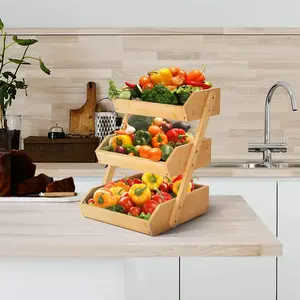 3-Tier Bamboo Fruit Basket Bowl Holder, Bread Vegetables Storage Stand For Kitchen Countertop, Snacks Rack In Home Kitchen And Office