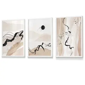 Set of 3 Beige Black Abstract Mountain Contours Wall Art Prints / 30x42cm (A3) / White Frame