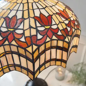 Tiffany Glass Table Lamp Light Dark Bronze & Multi Colour Scalloped Shade i00232