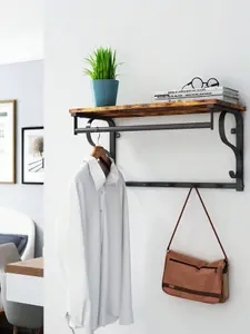 VASAGLE Wall Wardrobe Wall Shelf 5 Hook Shelf, Industrial Design Hook Sticker Hanging Bar, For Hallway, Vintage Brown-Black