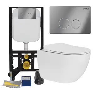 Rimless Wall Hung Toilet Pan & Concealed Cistern Chrome Round Button Flush Plate