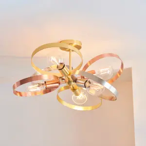 Loopa Satin Brushed Gold and Brushed Copper Contemporary Style 6 Light Semi Flush Ceiling Fitting