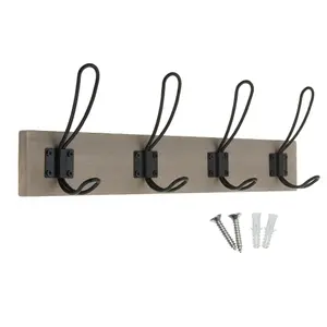 keypak Rustic Wall Mounted Coat Rack, Vintage Double Wire Coat Hooks on Wooden Base, Fixings Included (4 Hooks, Light Grey Ash)