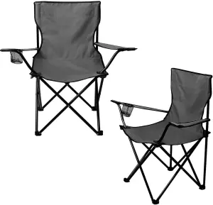 Set of 2 BLACK Folding Camping Chair With Armrest, Drink Holder & Carry Bag