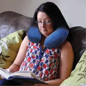 Memory Foam Neck Cushion - Blue Velour Removable Cover - Reduces Neck Tension