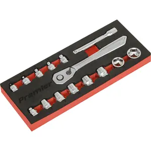 15 PACK Low Profile Socket Set - 1/4" Metric Sq Drive 6 Point & Ratchet Handle