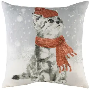 Evans Lichfield Snowy Cat With Scarf Polyester Filled Cushion