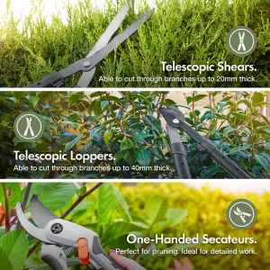 VonHaus 3Pc Garden Shears Set - Pruning Set, Tree Lopper, Secateurs & Shears w/ Soft Grip Telescopic Handles & High Quality Blades