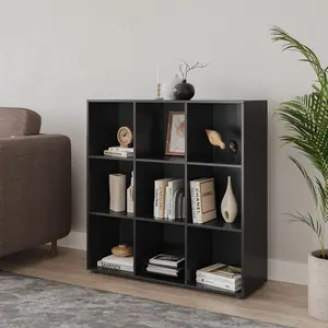 URBNLIVING 9 Cube Black Wooden Bookcase Shelving Display Shelves Storage Unit Wood Shelf Without Door