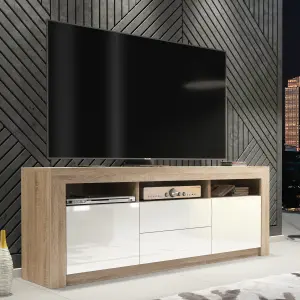 Shine TV Unit 160cm Oak & White with High Gloss Doors and LED Lighting - Creative Furniture