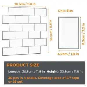 3D Tile Stickers Peel & Stick Backsplash London Metro Classic Brick Brilliant White 30 Sheets 30.5cm(12")