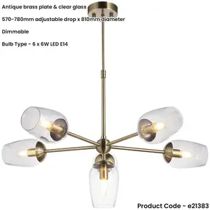 Multi Arm Hanging Ceiling Pendant Light - Antique Brass Plate Adjustable Stem & 6x Clear Glass Shades