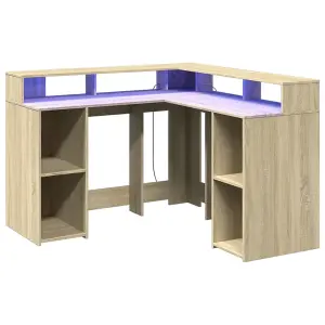 Berkfield Desk with LED Lights Sonoma Oak 130x130x91 cm Engineered Wood