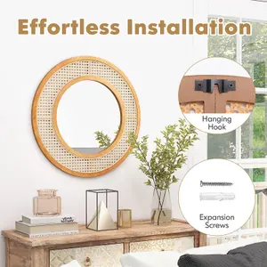 COSTWAY Rattan Round Wall Mirror 65 cm Wooden Framed Mirror with Aluminum Glass