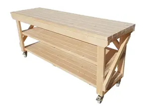 Acorn workbench, kiln-dry work station (H-90cm, D-64cm, L-150cm) double shelf and wheels