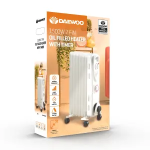 Daewoo 1500W Oil Filled Radiator 7 Fin Portable Heater With Timer 3 Heat Settings White HEA1894GE