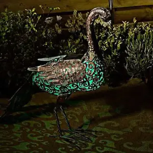 Solar Powered Light Up Peacock With LED Lights Copper Effect Metal Garden Animal Sculptures